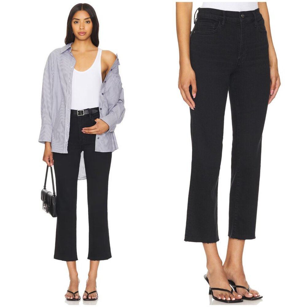 FRAME Le High Straight Black Raw Hem Frayed Ankle Crop size 29